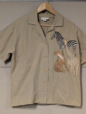 Vintage Toscano Designs Safari Animal Button Up Short Sleeve Shirt Small